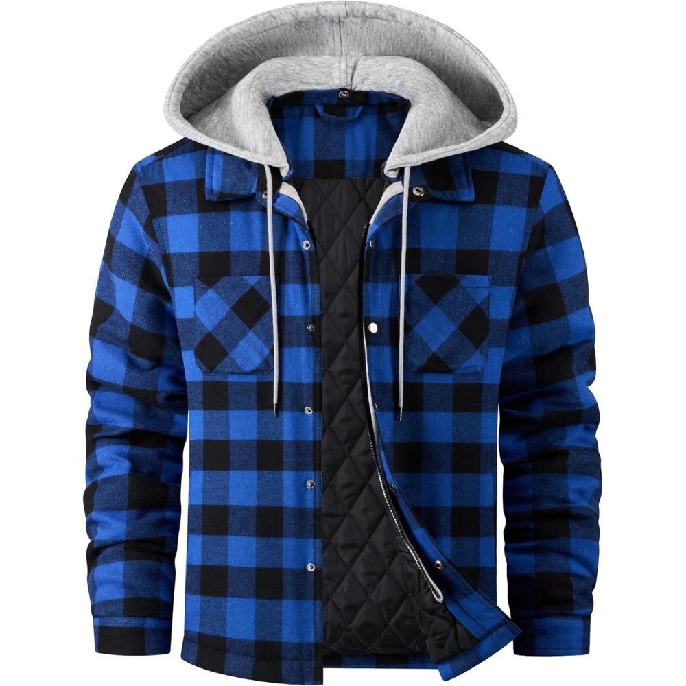 imageWULFUL Mens Cotton Plaid Shirts Jacket Fleece Lined Flannel Shirts with HoodBlue804