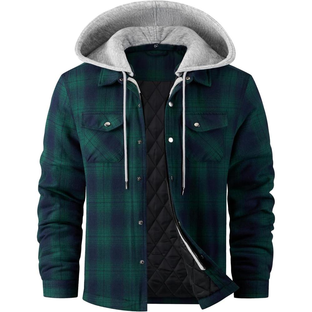 imageWULFUL Mens Cotton Plaid Shirts Jacket Fleece Lined Flannel Shirts with HoodGreen813