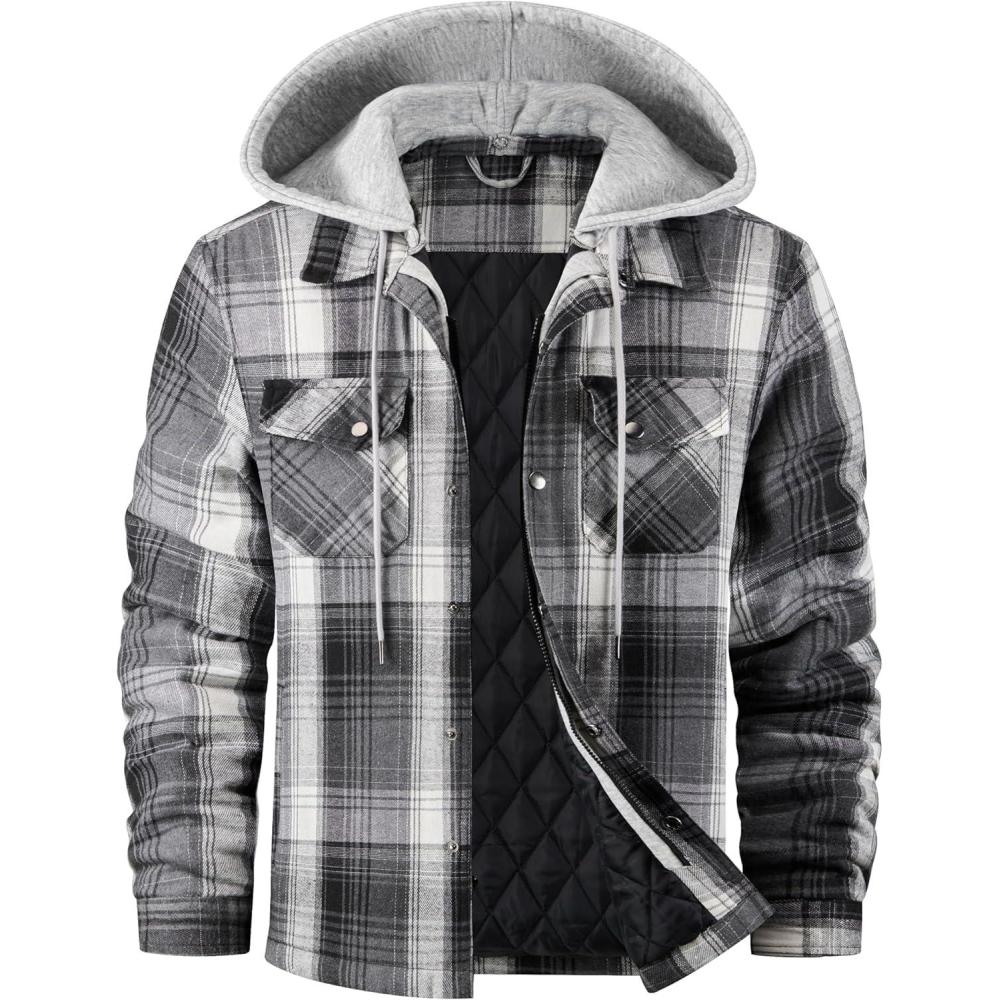 imageWULFUL Mens Cotton Plaid Shirts Jacket Fleece Lined Flannel Shirts with HoodGrey567