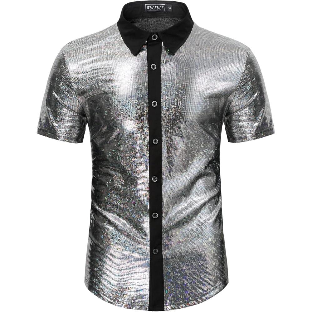 imageWULFUL Mens Disco Shirt Sequins Short Sleeve Button Down Shirts 70s Party Costume Dress ShirtsBlack053