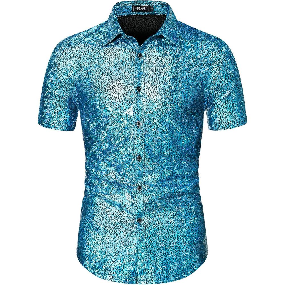 imageWULFUL Mens Disco Shirt Sequins Short Sleeve Button Down Shirts 70s Party Costume Dress ShirtsBlue0150