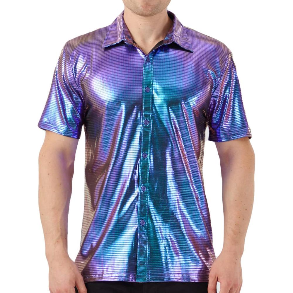 imageWULFUL Mens Disco Shirt Sequins Short Sleeve Button Down Shirts 70s Party Costume Dress ShirtsBlue0151