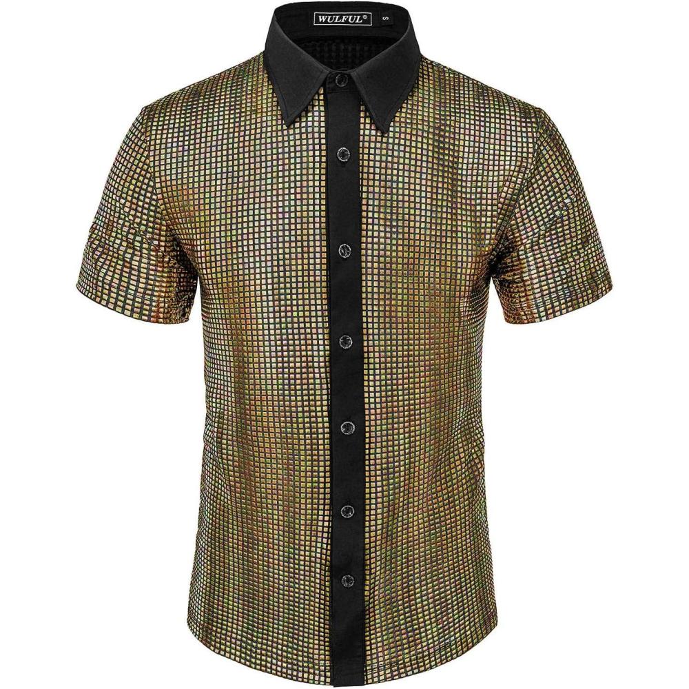 imageWULFUL Mens Disco Shirt Sequins Short Sleeve Button Down Shirts 70s Party Costume Dress ShirtsGold