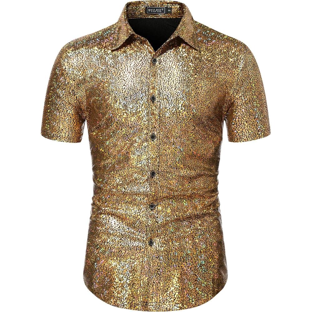 imageWULFUL Mens Disco Shirt Sequins Short Sleeve Button Down Shirts 70s Party Costume Dress ShirtsGold0150