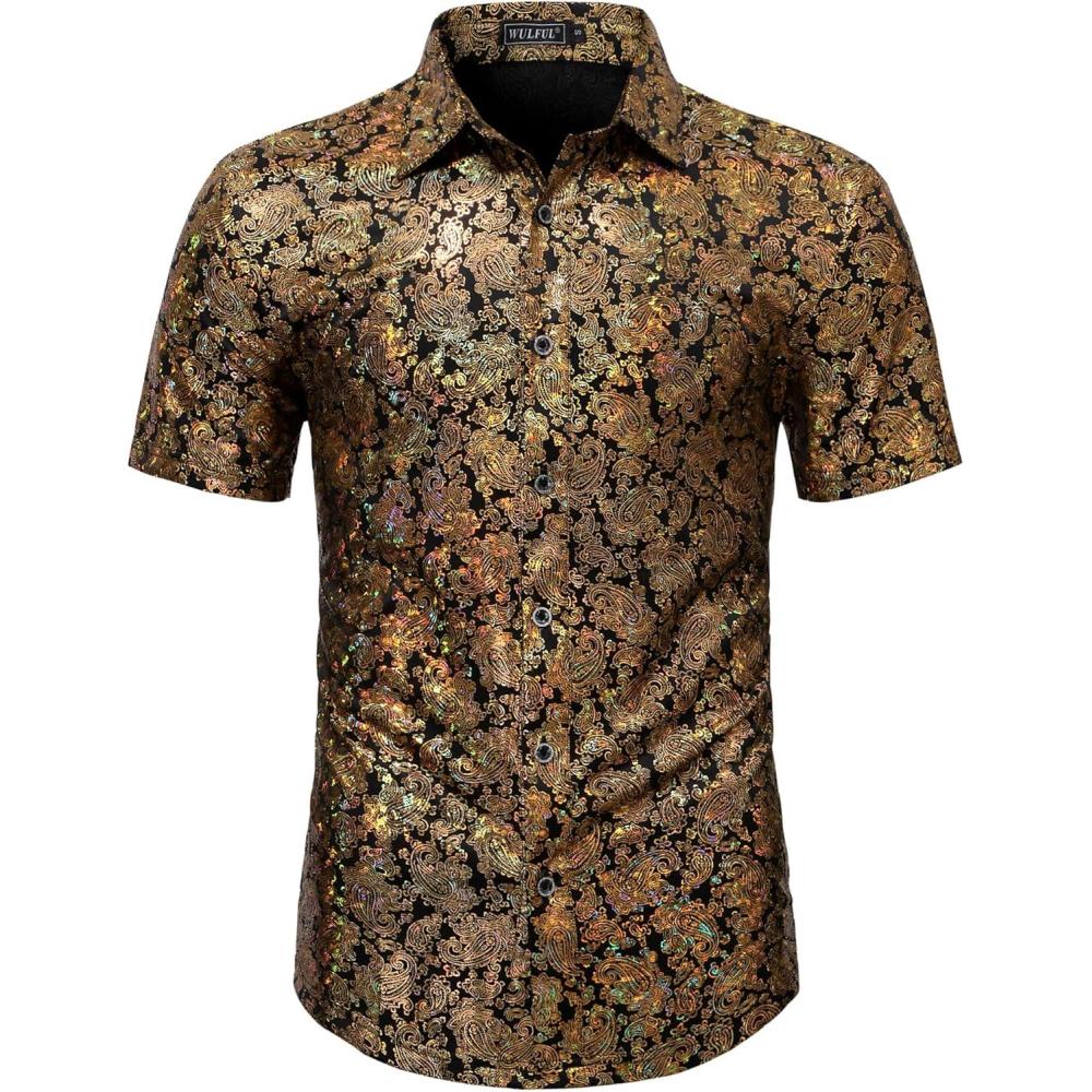 imageWULFUL Mens Disco Shirt Sequins Short Sleeve Button Down Shirts 70s Party Costume Dress ShirtsGold056