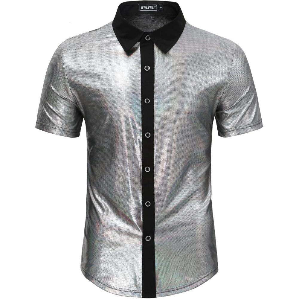 imageWULFUL Mens Disco Shirt Sequins Short Sleeve Button Down Shirts 70s Party Costume Dress ShirtsSilver053