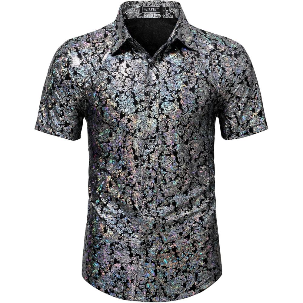 imageWULFUL Mens Disco Shirt Sequins Short Sleeve Button Down Shirts 70s Party Costume Dress ShirtsSilver056