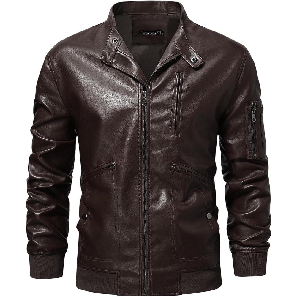 imageWULFUL Mens Faux Leather Jacket Stand Collar Lightweight Bomber JacketCoffee