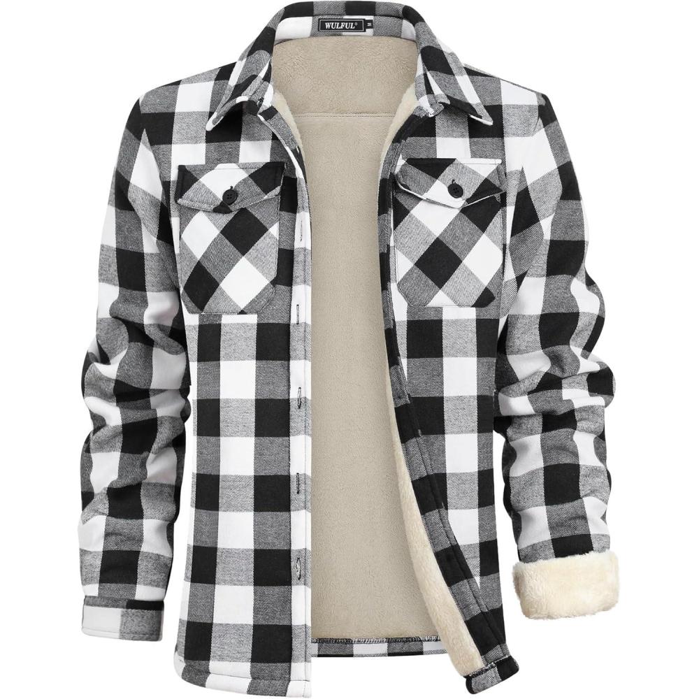 imageWULFUL Mens Flannel Fleece Jackets Sherpa Lined Shirt Jacket Plaid Jackets Shacket Winter Outerwear WarmBlack649