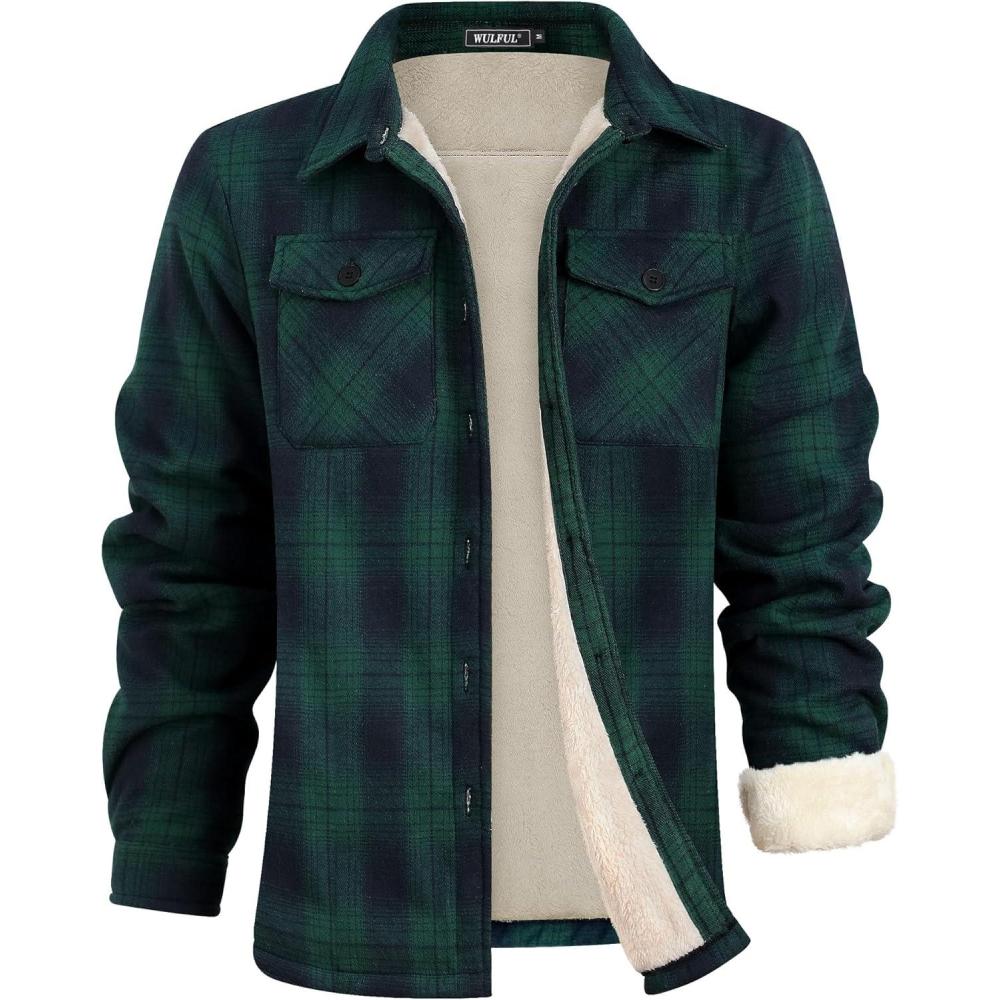 imageWULFUL Mens Flannel Fleece Jackets Sherpa Lined Shirt Jacket Plaid Jackets Shacket Winter Outerwear WarmGreen813