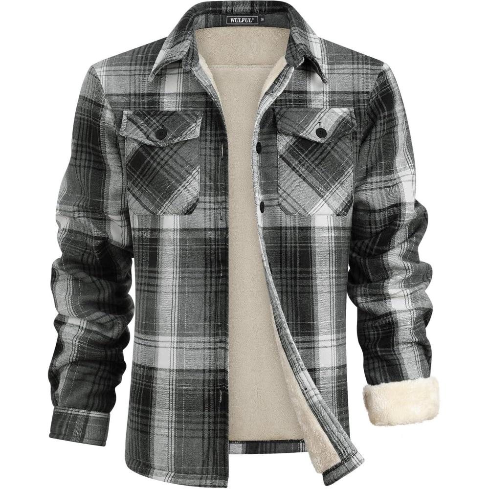 imageWULFUL Mens Flannel Fleece Jackets Sherpa Lined Shirt Jacket Plaid Jackets Shacket Winter Outerwear WarmGrey567