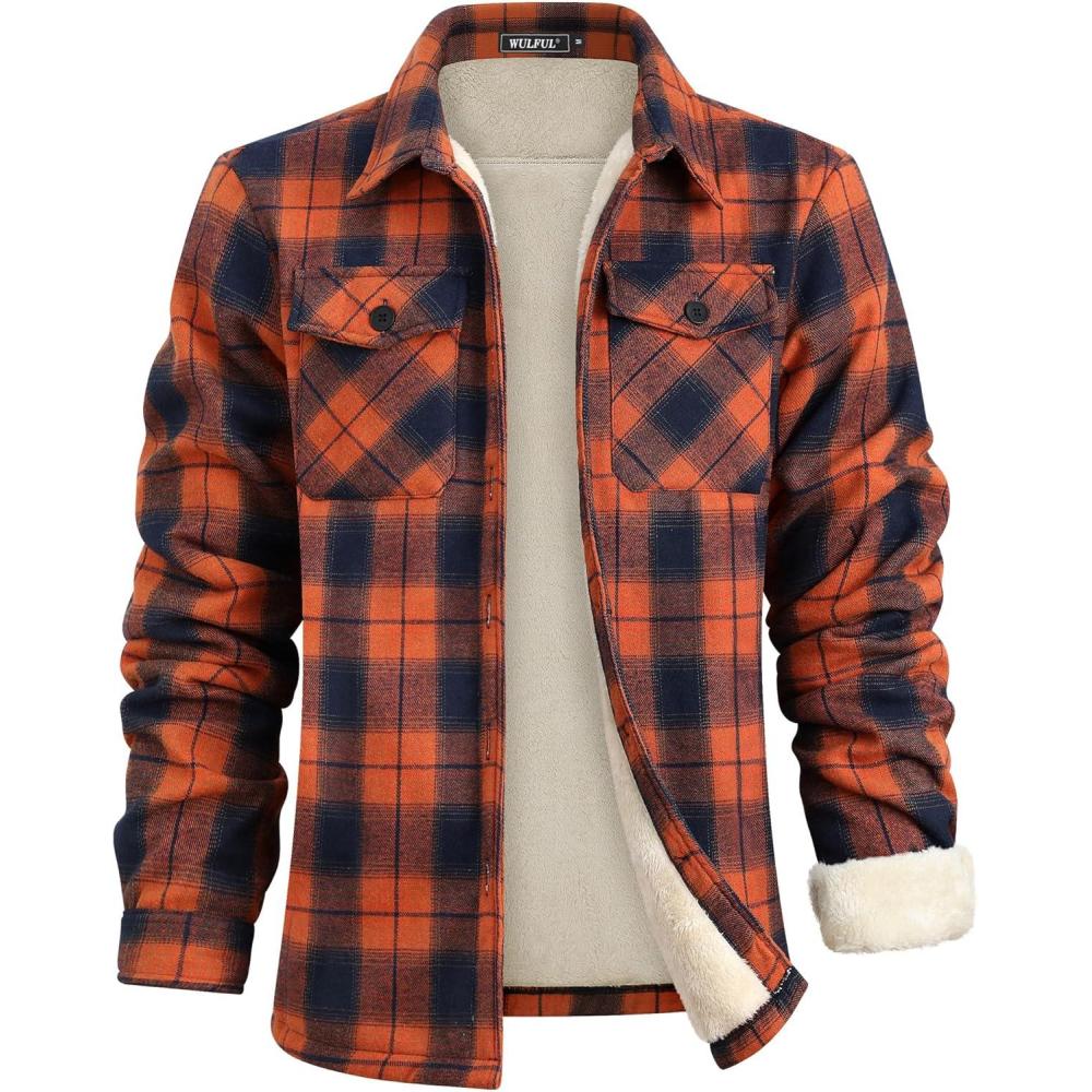 imageWULFUL Mens Flannel Fleece Jackets Sherpa Lined Shirt Jacket Plaid Jackets Shacket Winter Outerwear WarmNavy Yellow566