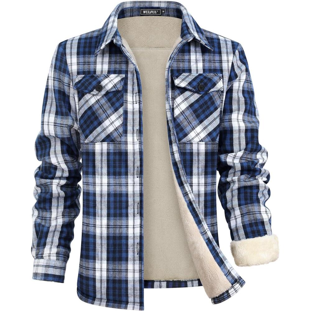 imageWULFUL Mens Flannel Fleece Jackets Sherpa Lined Shirt Jacket Plaid Jackets Shacket Winter Outerwear WarmNavy768