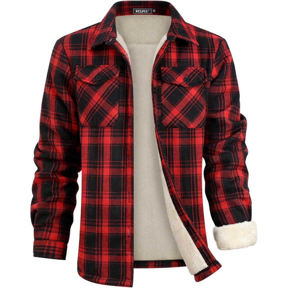imageWULFUL Mens Flannel Fleece Jackets Sherpa Lined Shirt Jacket Plaid Jackets Shacket Winter Outerwear WarmRed711