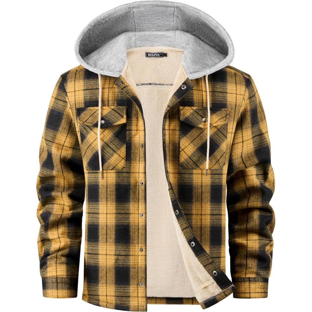 imageWULFUL Mens Flannel Plaid Shirts Jacket Fleece Lined Winter Shirts Soft Warm Coat with Hood for MenBlack Yellow976