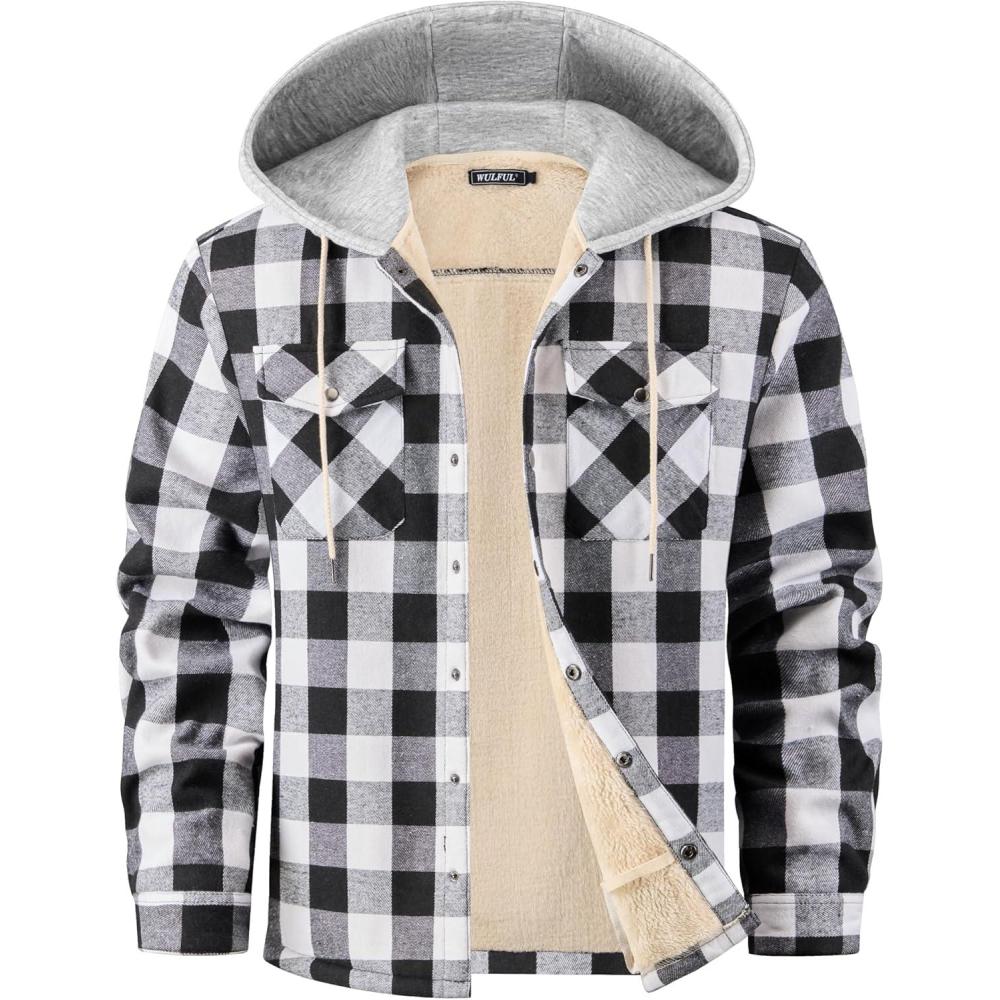 imageWULFUL Mens Flannel Plaid Shirts Jacket Fleece Lined Winter Shirts Soft Warm Coat with Hood for MenBlack649