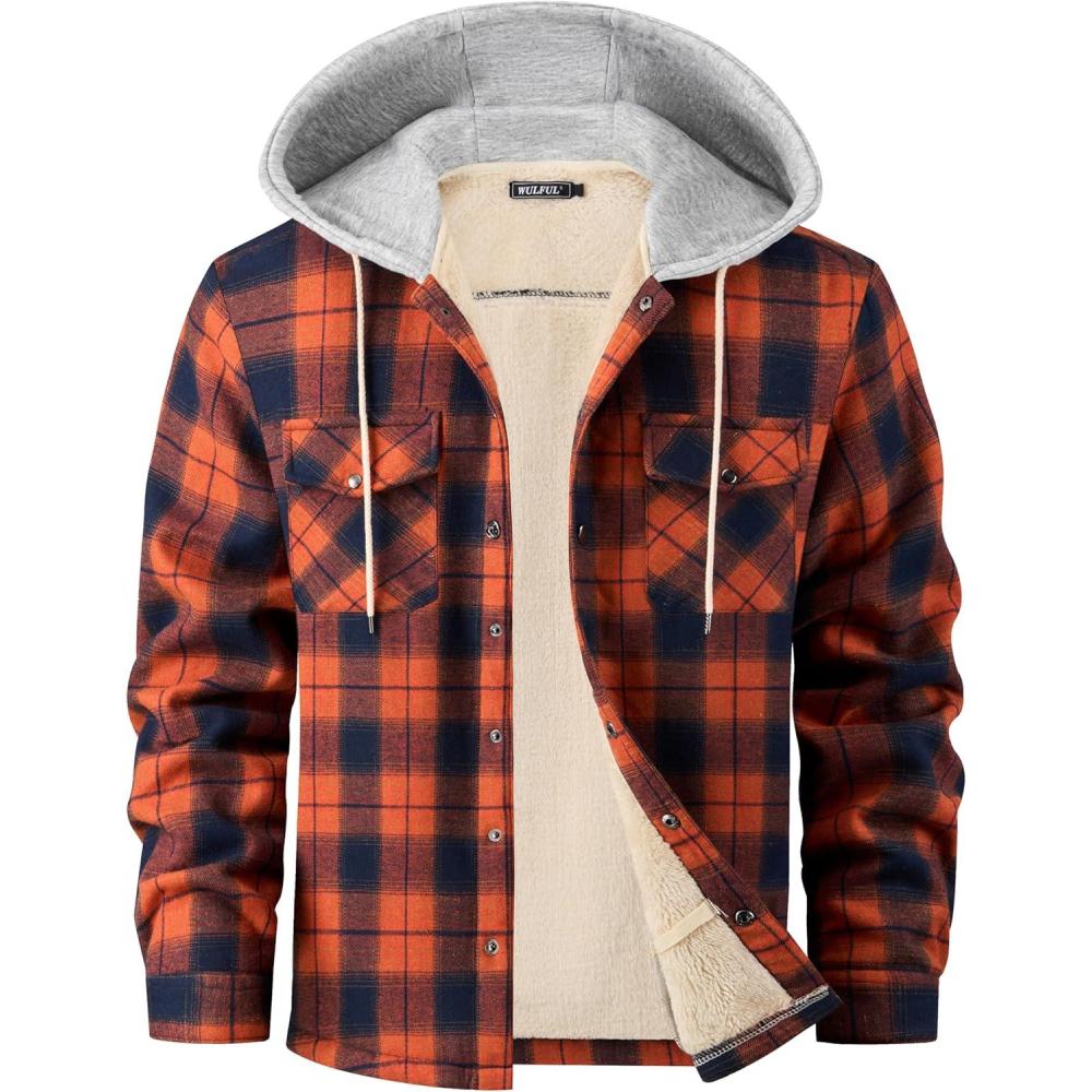 imageWULFUL Mens Flannel Plaid Shirts Jacket Fleece Lined Winter Shirts Soft Warm Coat with Hood for MenNavy Yellow566