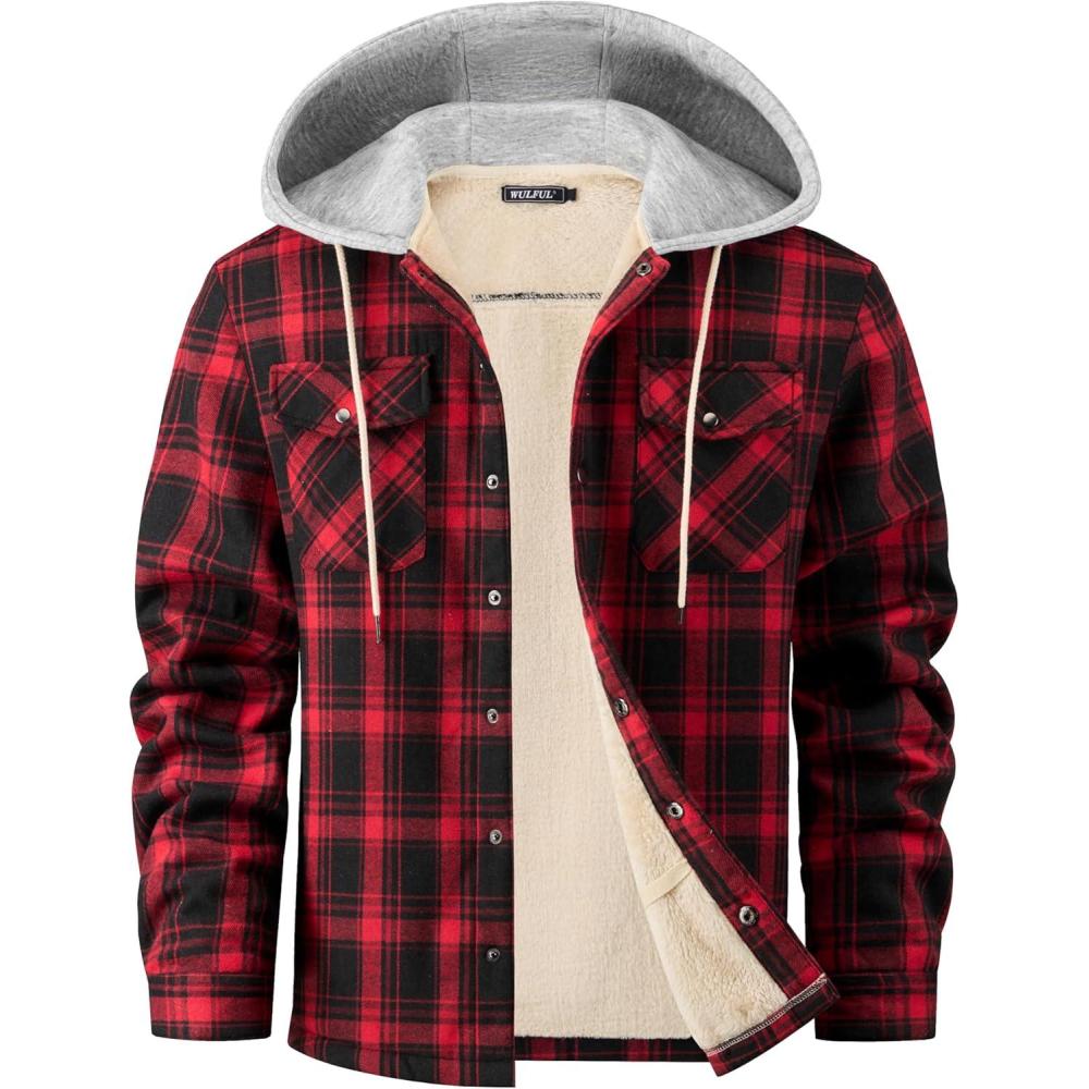 imageWULFUL Mens Flannel Plaid Shirts Jacket Fleece Lined Winter Shirts Soft Warm Coat with Hood for MenRed711
