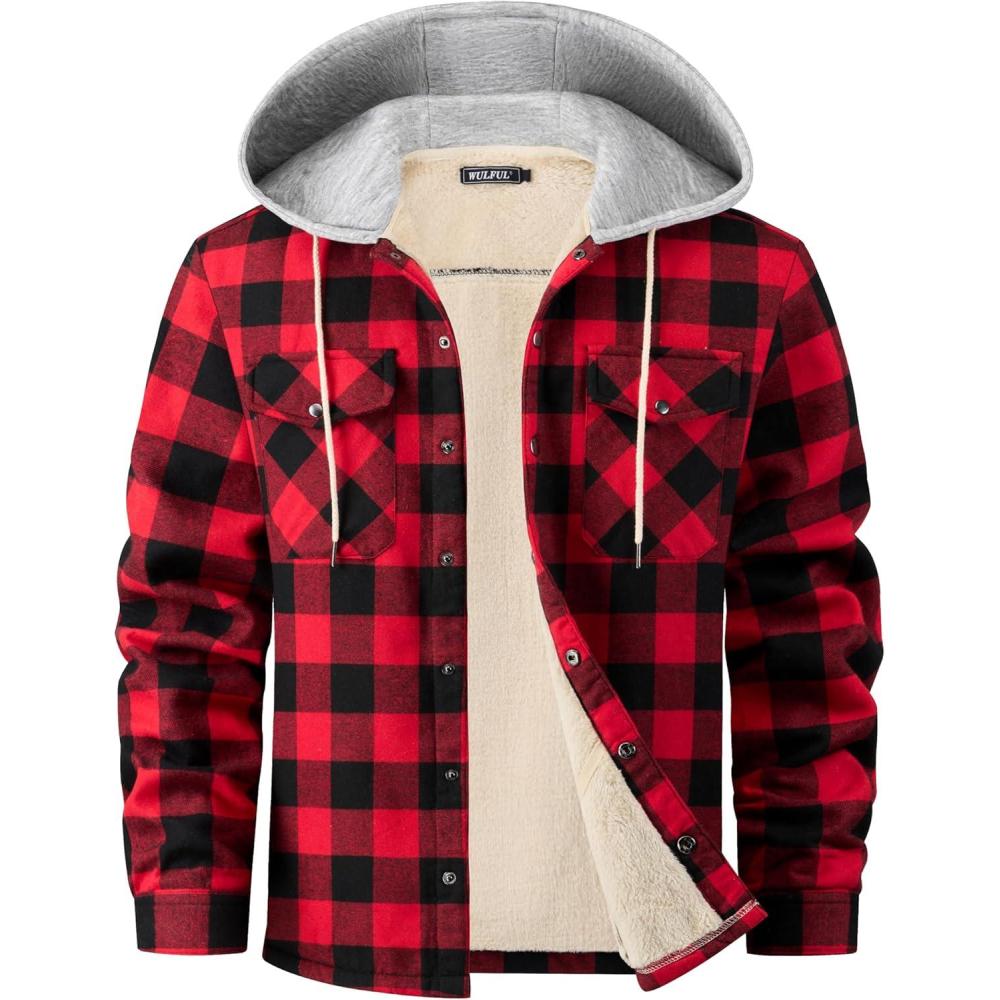imageWULFUL Mens Flannel Plaid Shirts Jacket Fleece Lined Winter Shirts Soft Warm Coat with Hood for MenRed798