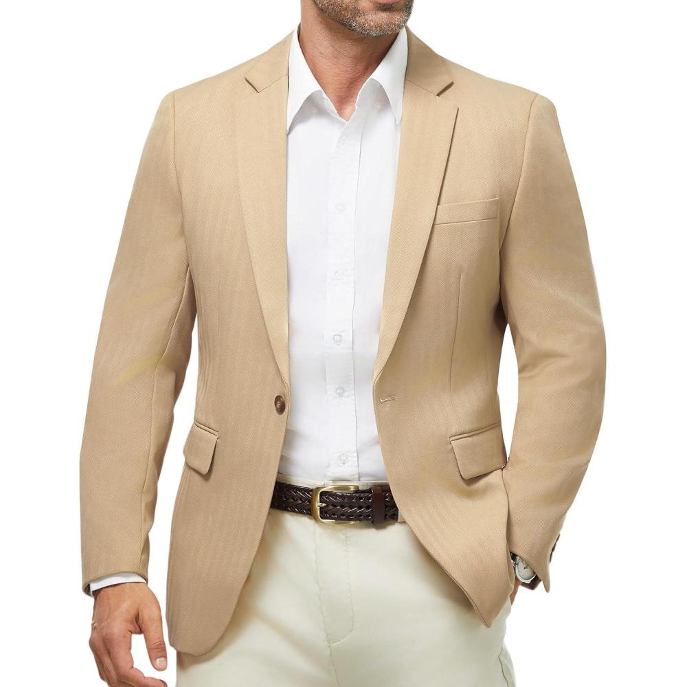 imageWULFUL Mens Herringbone Blazer Jacket Lightweight Casual Sport Coat One Button Suit JacketsKhaki