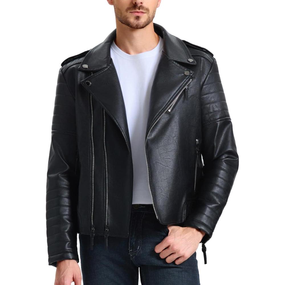 imageWULFUL Mens Leather Jackets Faux Bomber Jacket for Men Motorcycle Lapel Asymmetric ZipUp Slim Fit Biker CoatBlack007