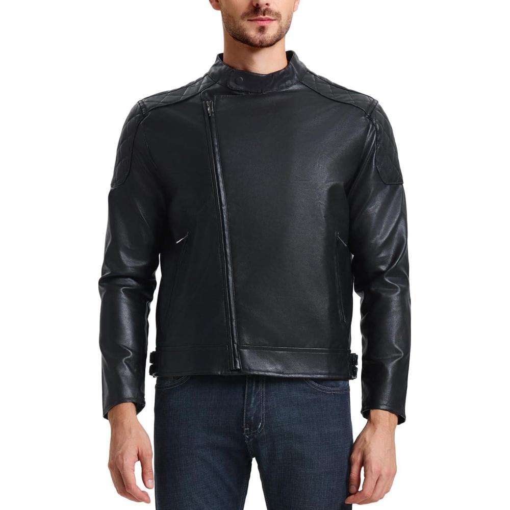imageWULFUL Mens Leather Jackets Faux Bomber Jacket for Men Motorcycle Lapel Asymmetric ZipUp Slim Fit Biker CoatBlack008