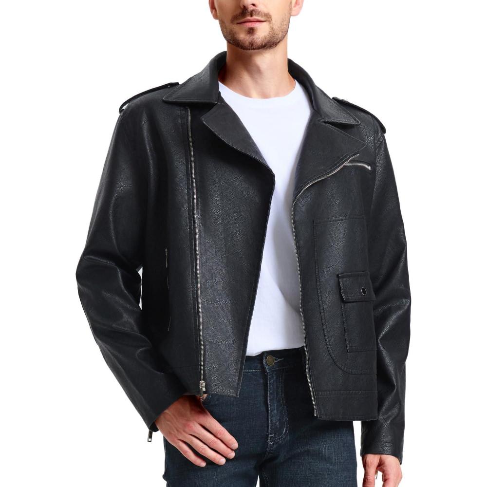 imageWULFUL Mens Leather Jackets Faux Bomber Jacket for Men Motorcycle Lapel Asymmetric ZipUp Slim Fit Biker CoatBlack012