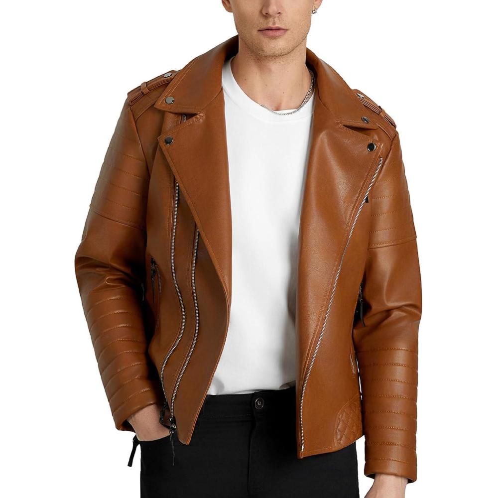 imageWULFUL Mens Leather Jackets Faux Bomber Jacket for Men Motorcycle Lapel Asymmetric ZipUp Slim Fit Biker CoatBrown007
