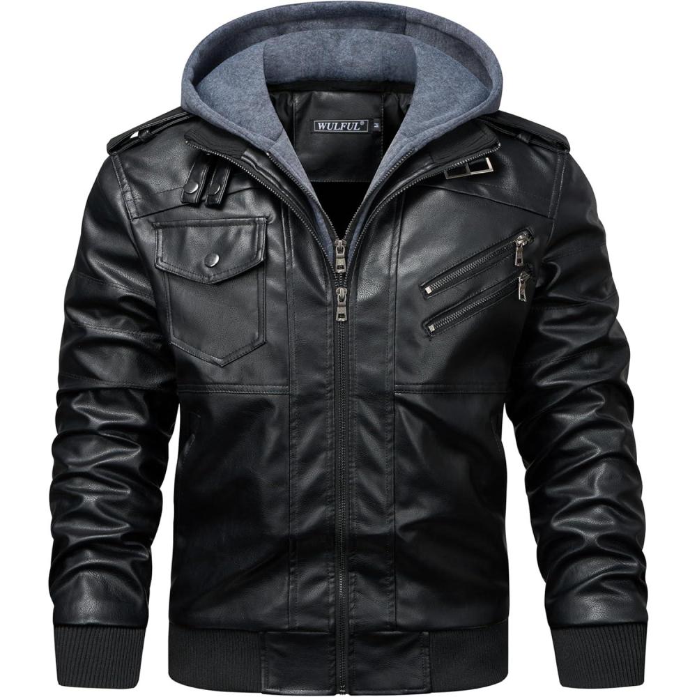 imageWULFUL Mens Leather Jackets Faux Leather Jacket for Men Lapel ZipUp Slim Fit CoatBlack022