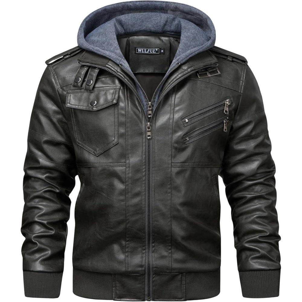 imageWULFUL Mens Leather Jackets Faux Leather Jacket for Men Lapel ZipUp Slim Fit CoatDark Grey022