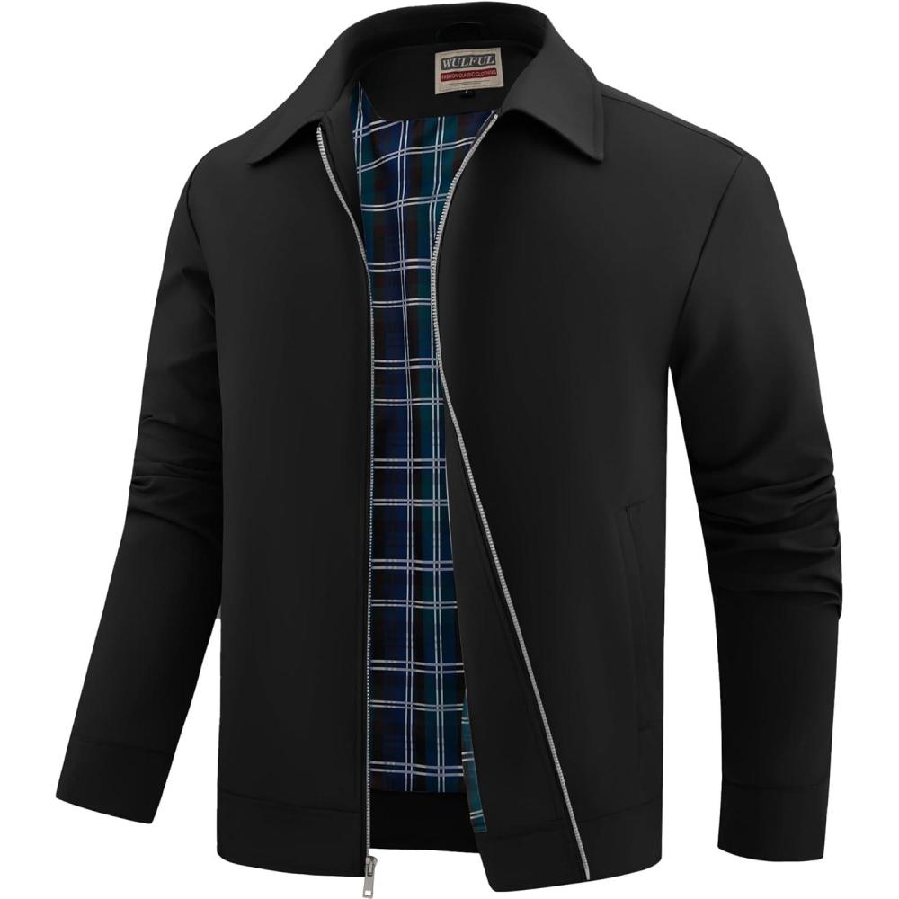 imageWULFUL Mens Lightweight Jackets Casual Windbreaker Stylish Light Golf Work Dress BusinessBlack