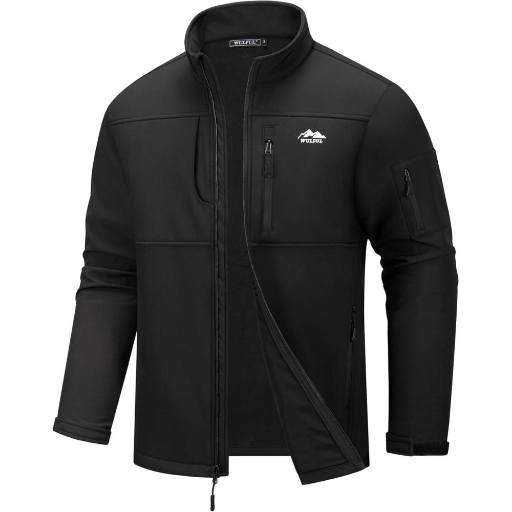 imageWULFUL Mens Lightweight Softshell Jacket Warm Fleece Lined Windbreaker Waterproof Rain Jacket for Winter Outdoor HikingBlack