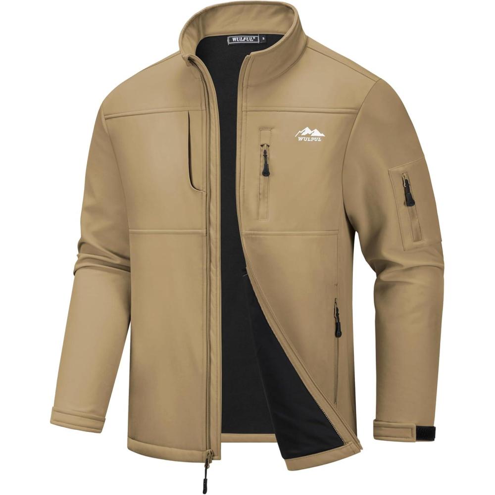 imageWULFUL Mens Lightweight Softshell Jacket Warm Fleece Lined Windbreaker Waterproof Rain Jacket for Winter Outdoor HikingKhaki