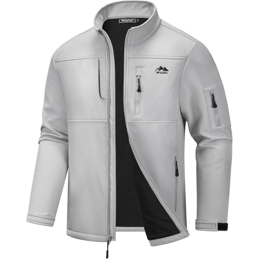 imageWULFUL Mens Lightweight Softshell Jacket Warm Fleece Lined Windbreaker Waterproof Rain Jacket for Winter Outdoor HikingLight Grey