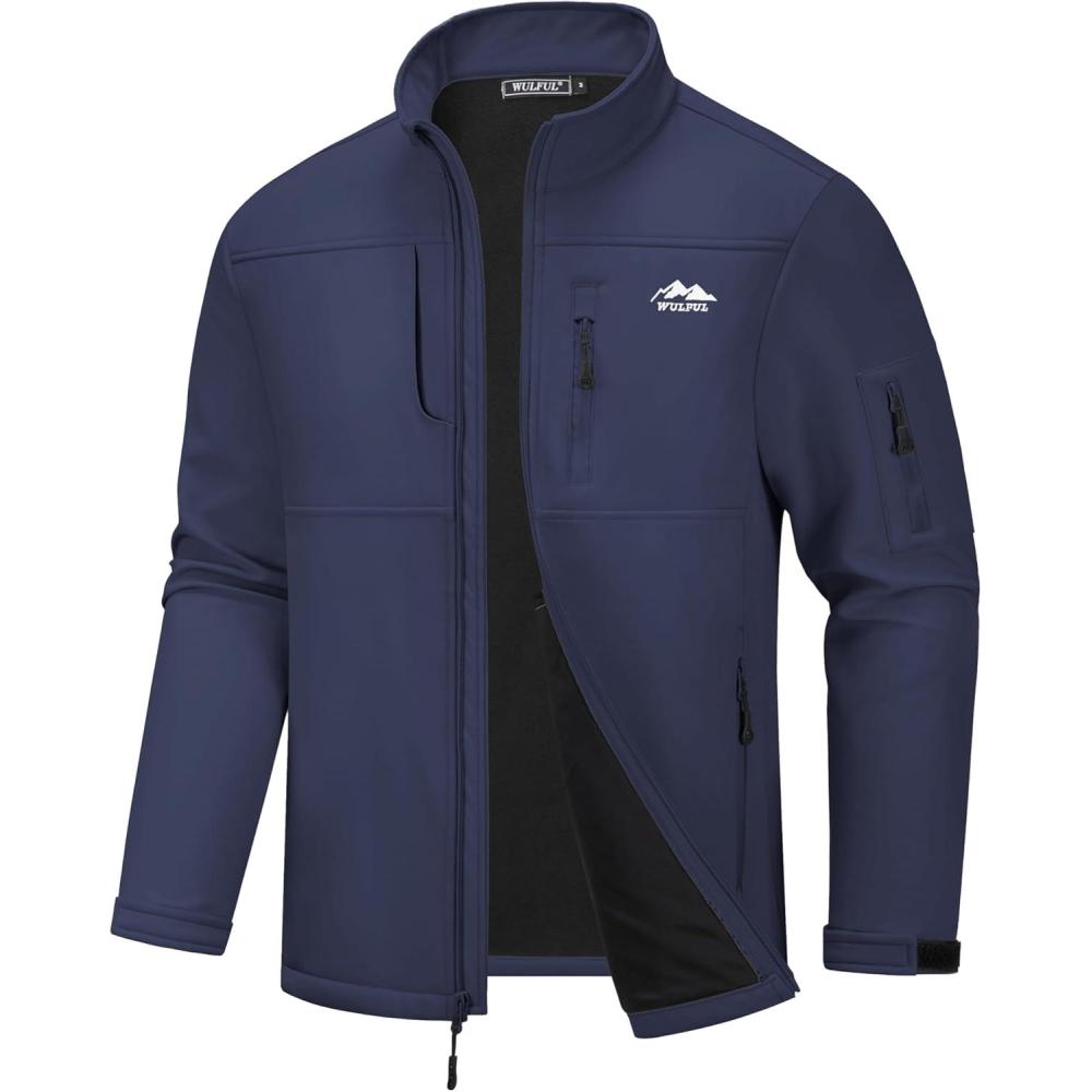 imageWULFUL Mens Lightweight Softshell Jacket Warm Fleece Lined Windbreaker Waterproof Rain Jacket for Winter Outdoor HikingNavy