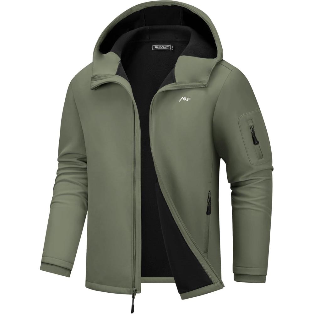 imageWULFUL Mens Lightweight Softshell Jacket Warm Fleece Lined Windbreaker Waterproof Soft Shell for Outdoor HikingArmy Green