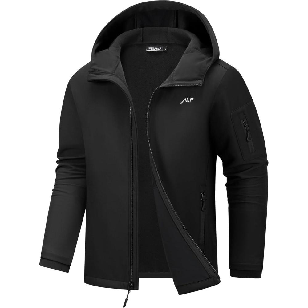 imageWULFUL Mens Lightweight Softshell Jacket Warm Fleece Lined Windbreaker Waterproof Soft Shell for Outdoor HikingBlack