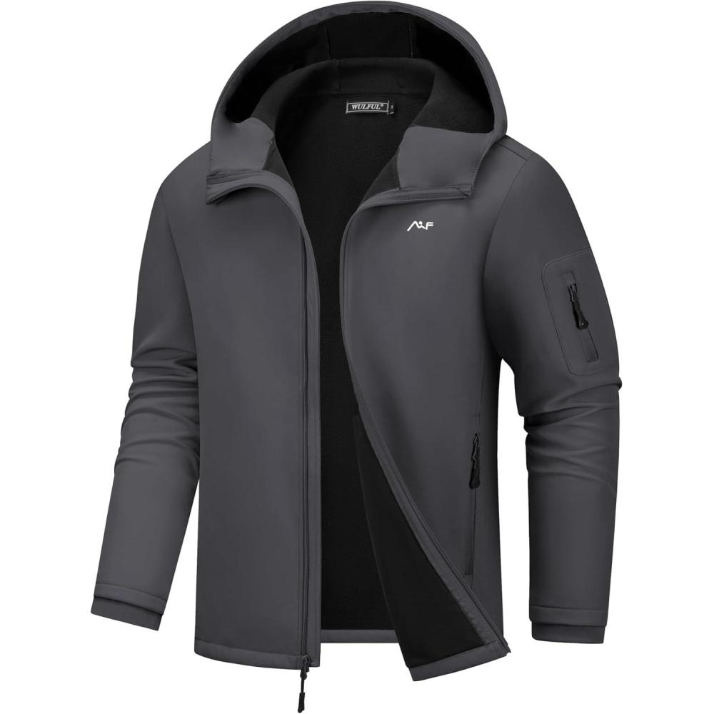 imageWULFUL Mens Lightweight Softshell Jacket Warm Fleece Lined Windbreaker Waterproof Soft Shell for Outdoor HikingDark Grey