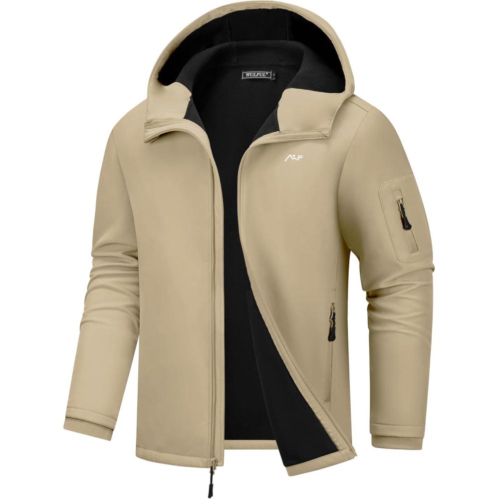 imageWULFUL Mens Lightweight Softshell Jacket Warm Fleece Lined Windbreaker Waterproof Soft Shell for Outdoor HikingKhaki