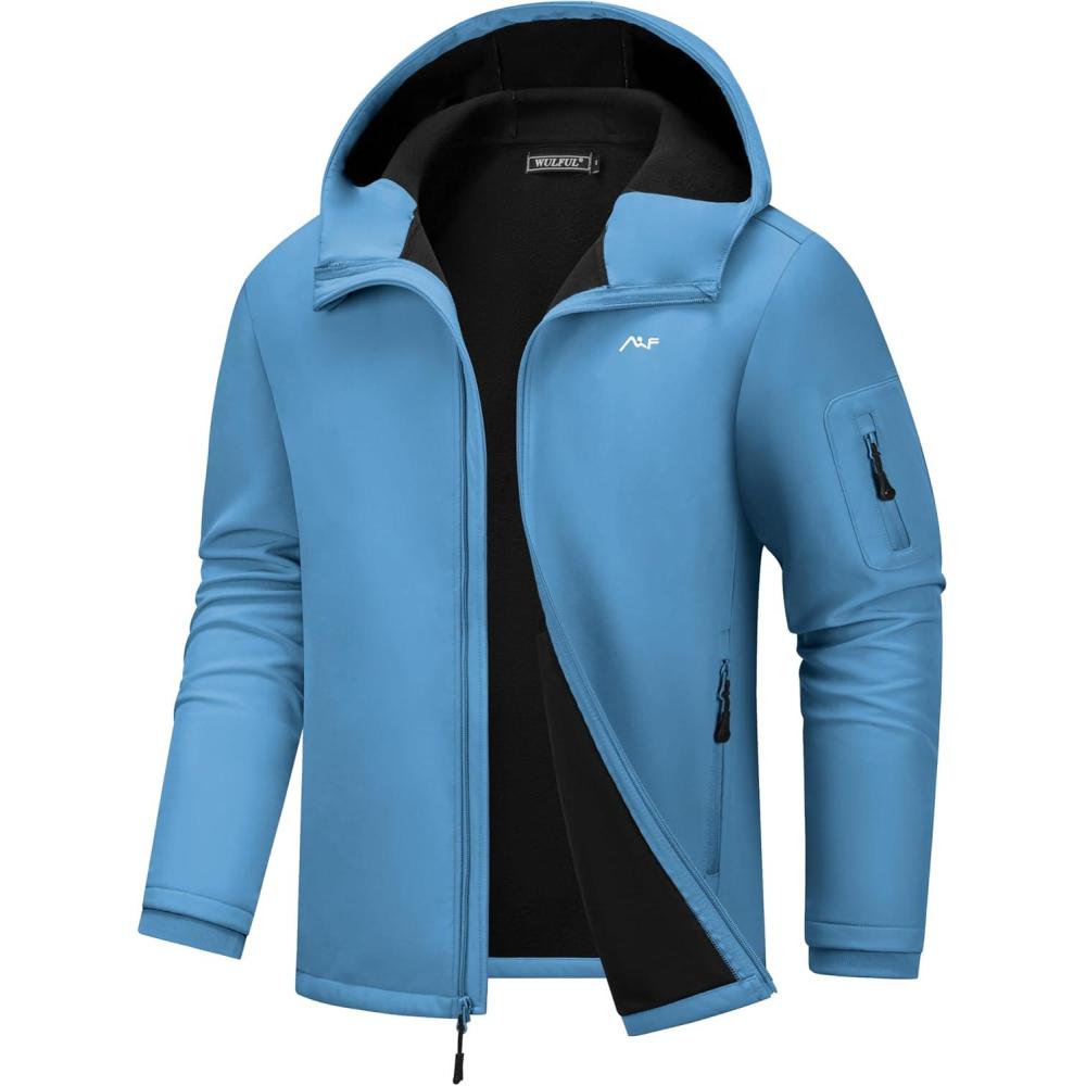 imageWULFUL Mens Lightweight Softshell Jacket Warm Fleece Lined Windbreaker Waterproof Soft Shell for Outdoor HikingLake Blue