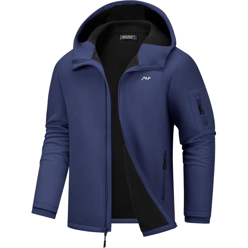 imageWULFUL Mens Lightweight Softshell Jacket Warm Fleece Lined Windbreaker Waterproof Soft Shell for Outdoor HikingNavy