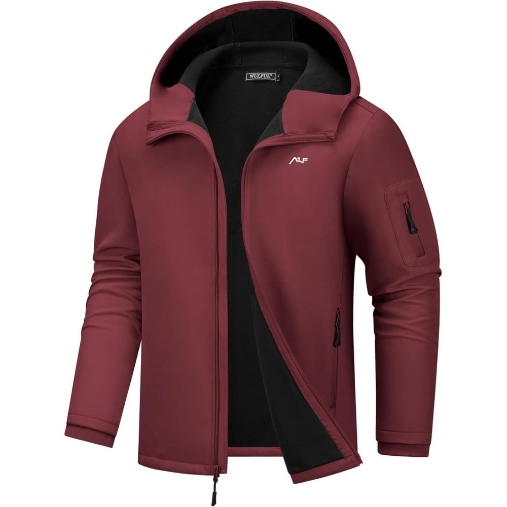 imageWULFUL Mens Lightweight Softshell Jacket Warm Fleece Lined Windbreaker Waterproof Soft Shell for Outdoor HikingWind Red