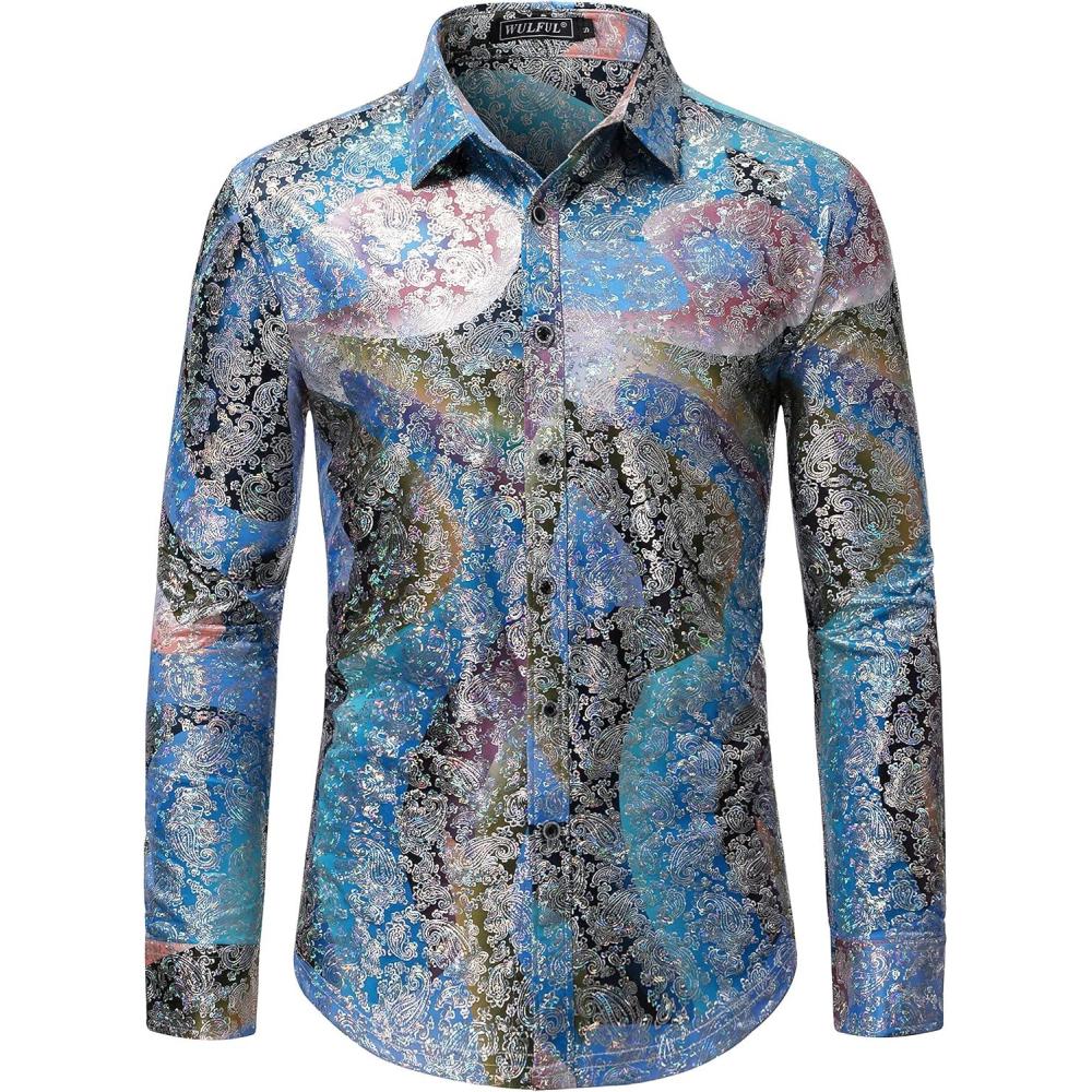 imageWULFUL Mens Luxury Disco Party Prom Paisley Gold Shiny Long Sleeve Dress Shirts Button Down Shirts