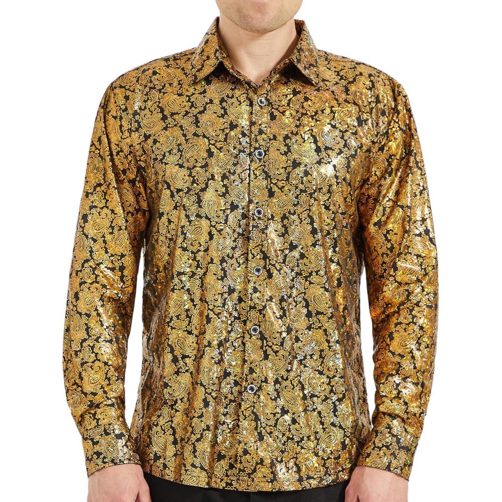 imageWULFUL Mens Luxury Disco Party Prom Paisley Gold Shiny Long Sleeve Dress Shirts Button Down ShirtsGold