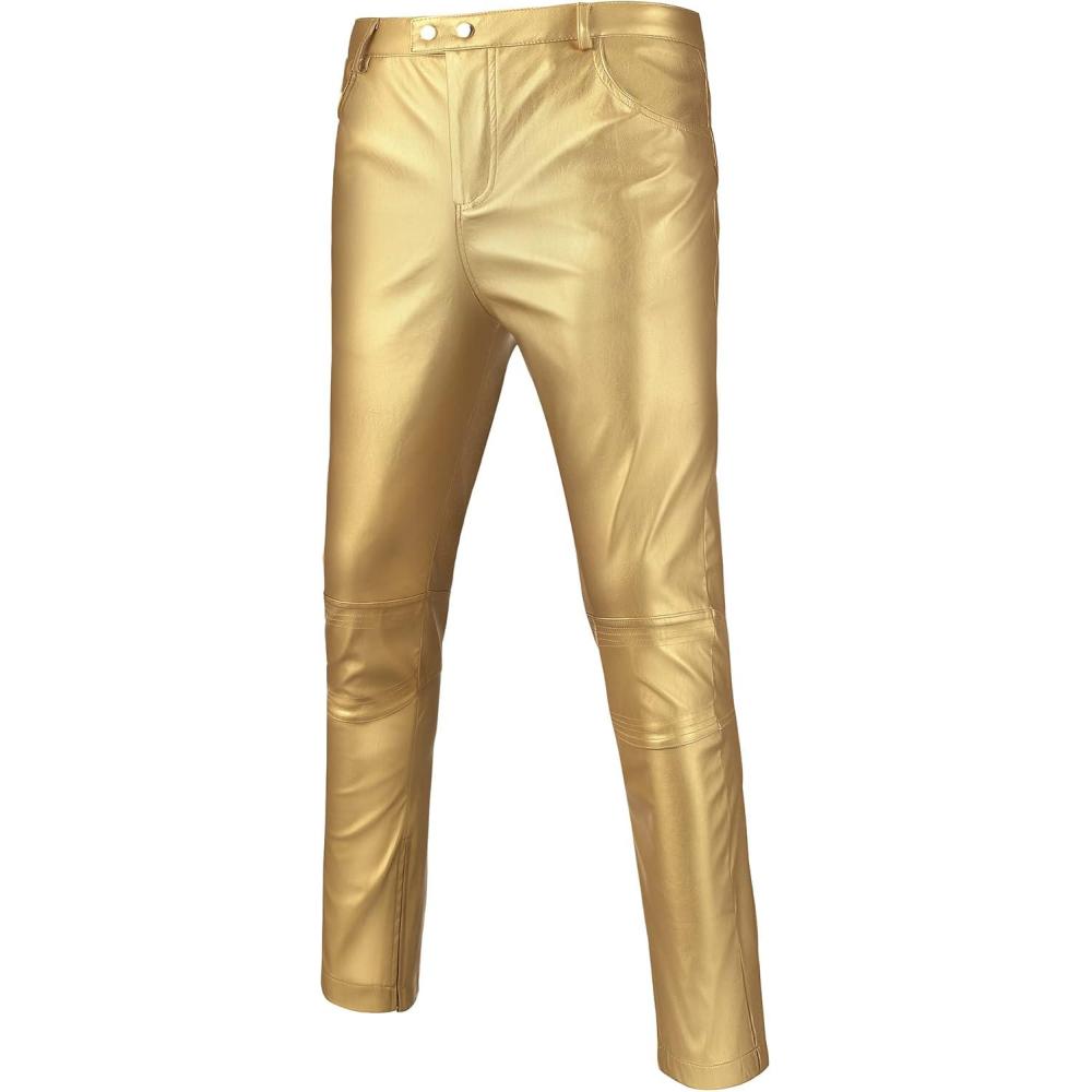 imageWULFUL Mens Night Club Party Gold Leather Pants Metallic Straight Leg Bottoms Disco Halloween Costume
