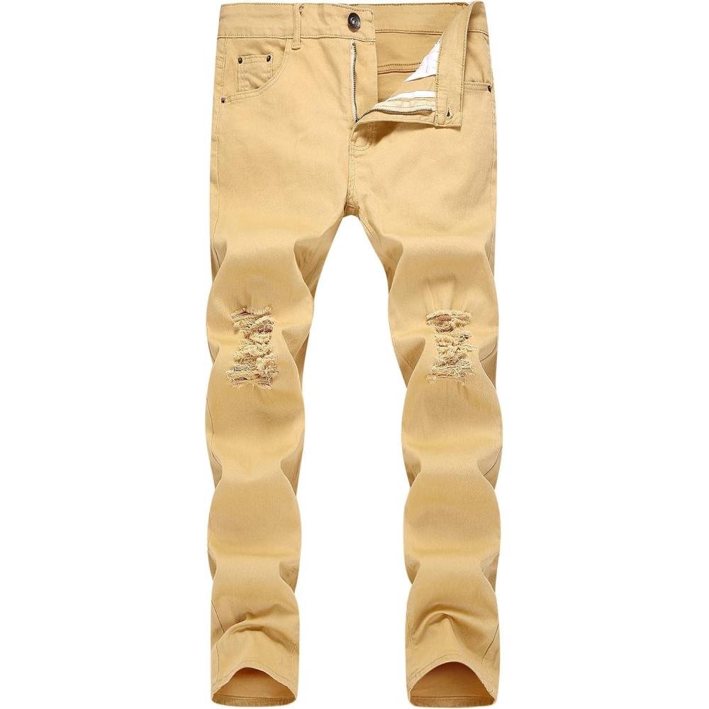 imageWULFUL Mens Ripped Jeans Slim Fit Skinny Stretch Comfy Denim Jeans PantsKhaki