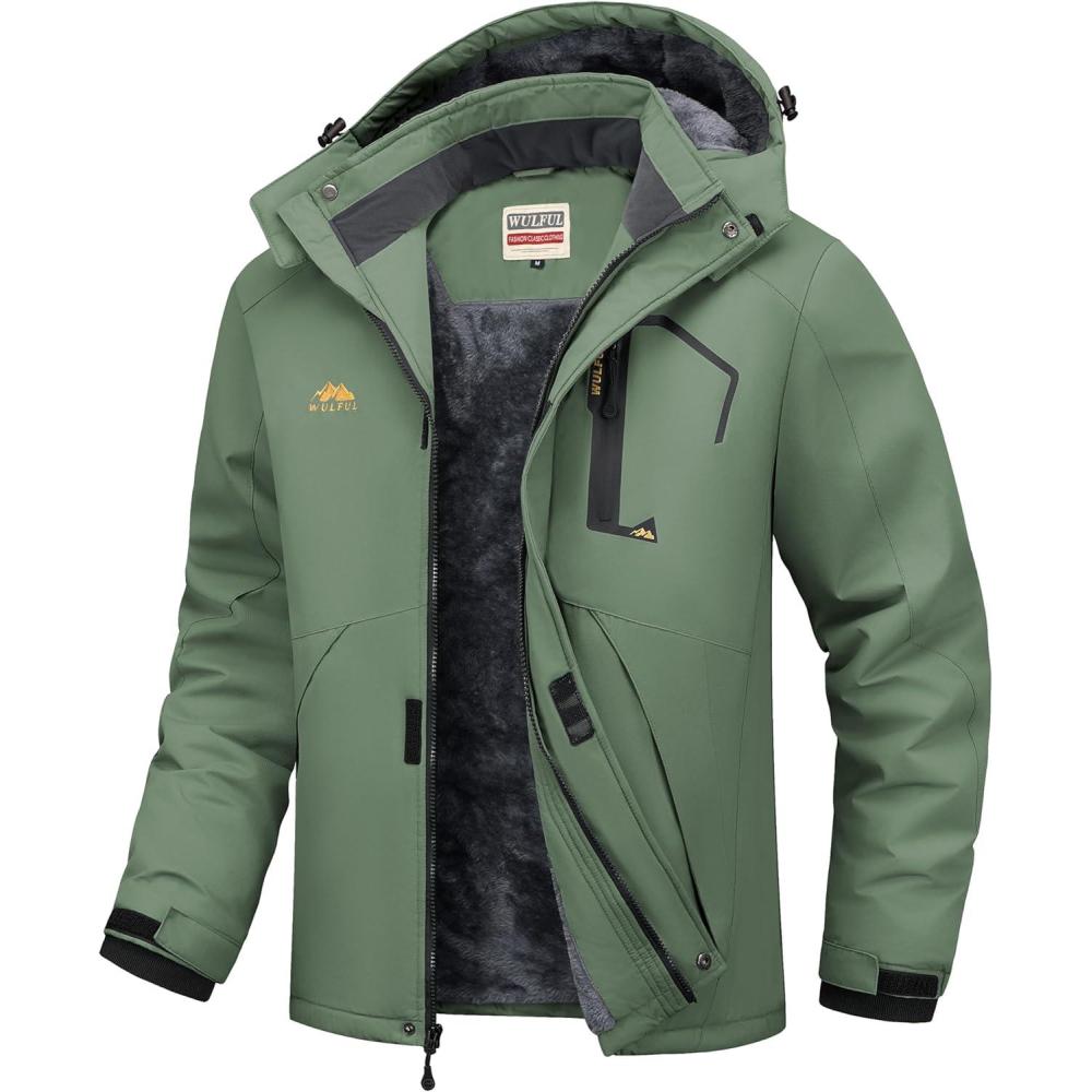 imageWULFUL Mens Ski Jackets Warm Winter Snow Windbreaker Resistant Snowboard Fleece Coat Mountain Waterproof Parka with HoodArmy Green