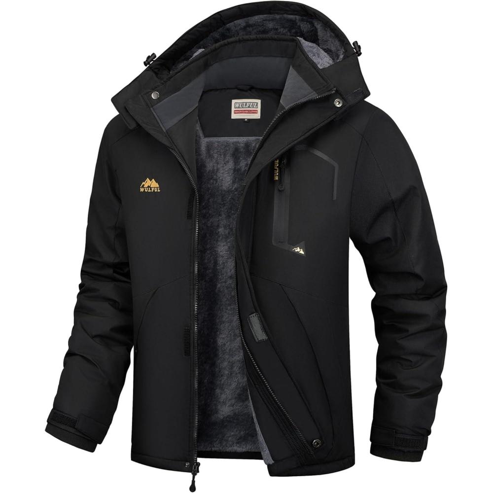 imageWULFUL Mens Ski Jackets Warm Winter Snow Windbreaker Resistant Snowboard Fleece Coat Mountain Waterproof Parka with HoodBlack