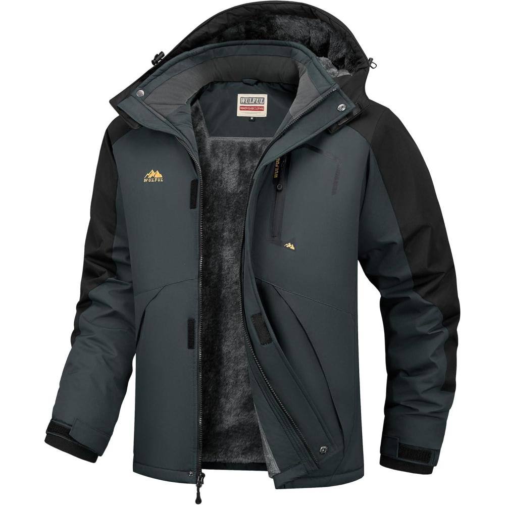 imageWULFUL Mens Ski Jackets Warm Winter Snow Windbreaker Resistant Snowboard Fleece Coat Mountain Waterproof Parka with HoodBlackdark Grey