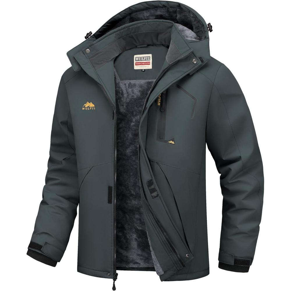 imageWULFUL Mens Ski Jackets Warm Winter Snow Windbreaker Resistant Snowboard Fleece Coat Mountain Waterproof Parka with HoodDark Grey